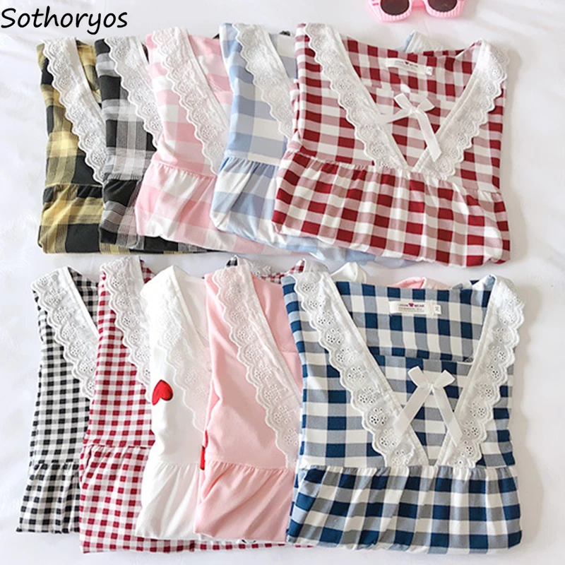 Plaid Spring Pajama Sets Women Sweet Lace Design Daily Bow Ruffles Sleepwear Soft Comfortable Kawaii Popular Girlish Thermal Ins