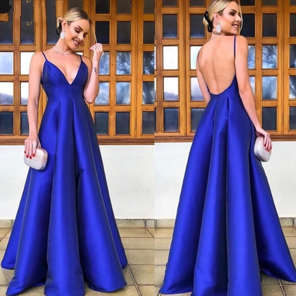 

New Royal Blue Evening Dress 2024 Sexy Spaghetti Straps vestidos de fiesta V Neck Open Back robe de soiree Long Prom Gowns