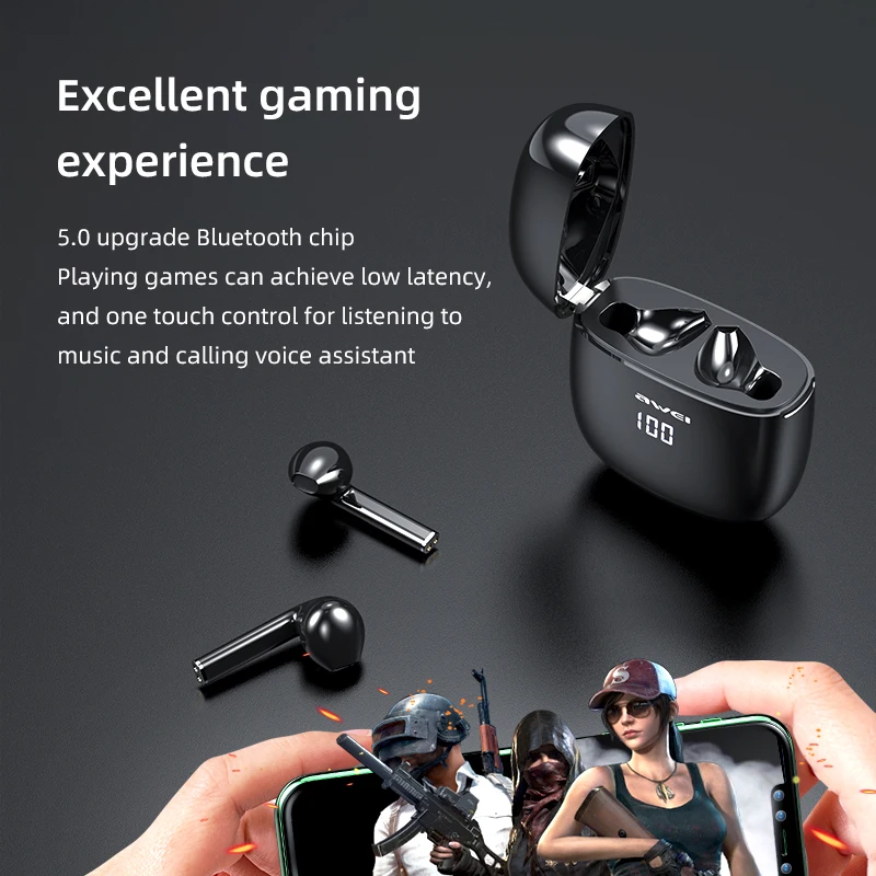 Awei TWS Bluetooth Headphone TWS LED Display Earphones With Mic Earbuds Bass For iPhone & Andriod Low Latency For Gaming