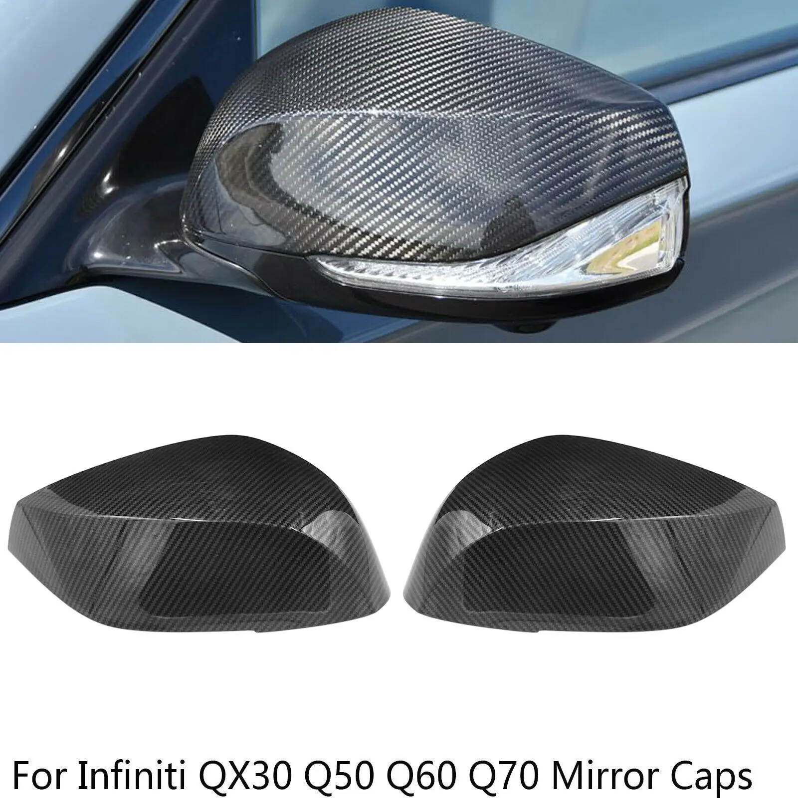 

Right & Left Side Gloss Black / Carbon Fiber Mirror Cover Caps Replacement For Infiniti 2014+ Q70 Q50 2016+ Q60 QX30