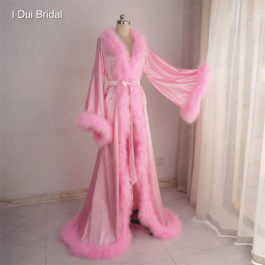 Robe longue en Satin avec plumes, cadeau de mariage, Lingerie, pyjama d'anniversaire, Boudoir, photographie