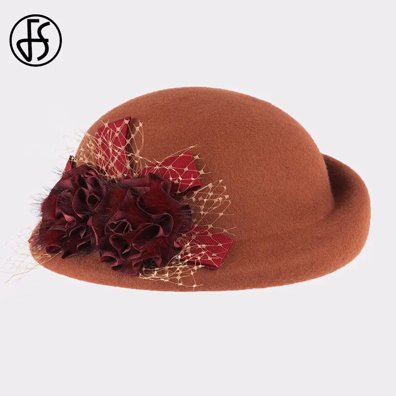 Elegante berretto da donna in lana 100% FS cappelli da donna francesi cappello da chiesa Fedora nero invernale cappello da sposa in feltro da donna cappello portapillole Chapeau