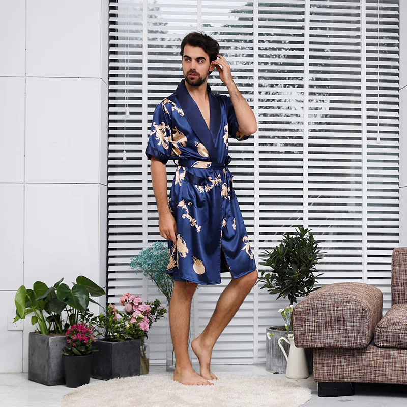 Dragon Printed 2Pcs Men Bathrobe Shorts Suit Kimono Home Silk Male Robe Sets Soft Cozy Thin Long Sleeve Bath Gown Oversize 5XL