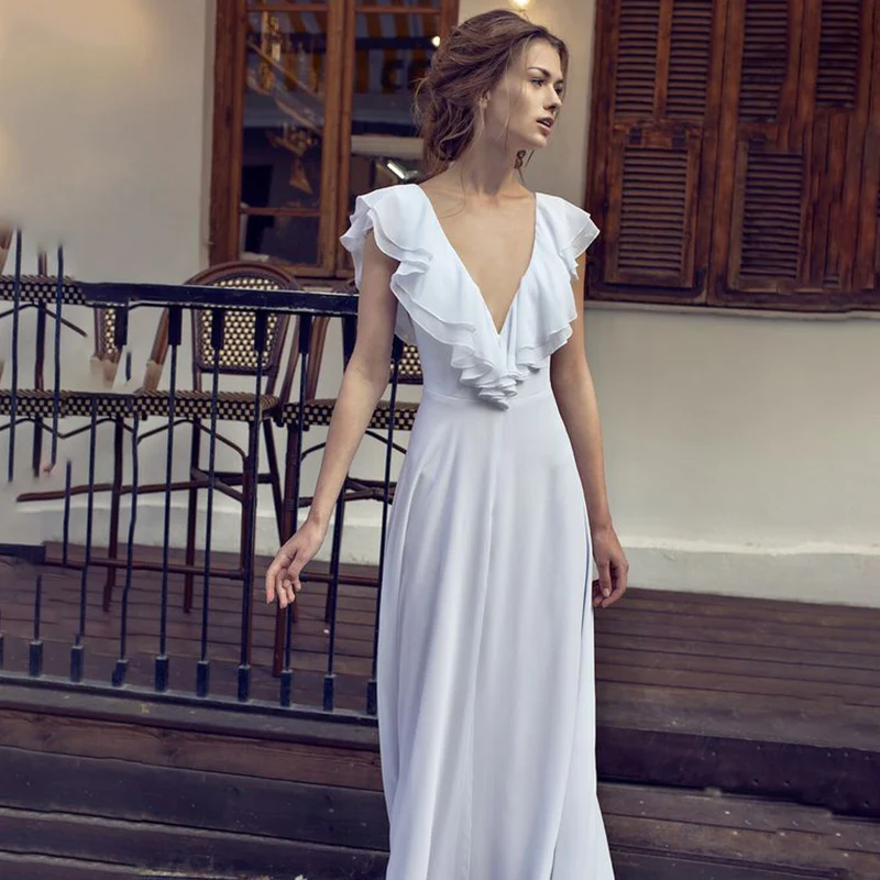 Robe de mariée en mousseline de soie, ligne A, col en V, dos ouvert, longueur au sol, sur mesure, Maxi, plage, Simple, fente haute, dos nu