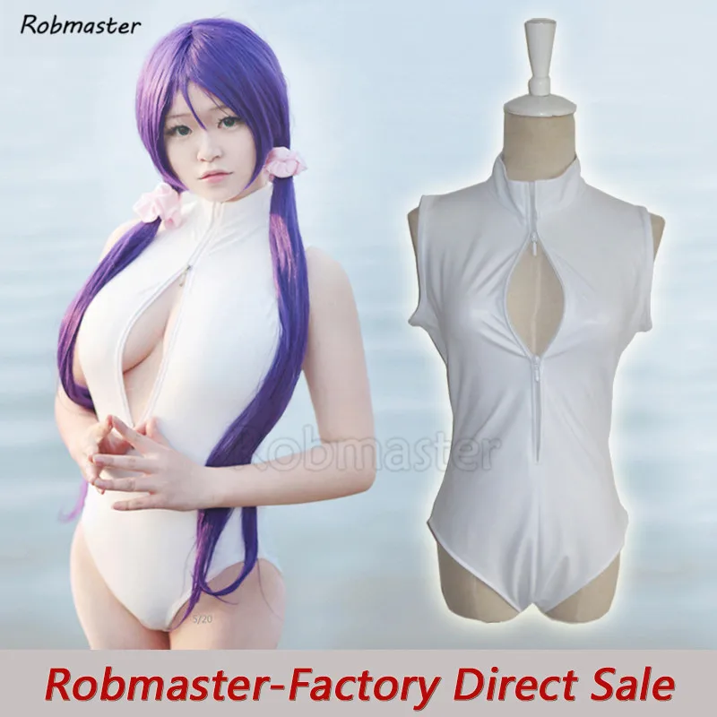 

New Anime Cosplay Women Latex Bodysuit White Black One Piece Swimsuit Bathing Suit Sleeveless Open Bust Front Zipper Leotard