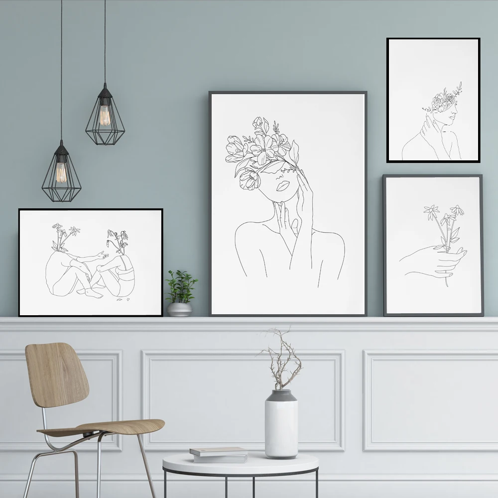 Abstract Women Line Drawing Nordic Posters Prints Modern Canvas Painting Wall Art Flower Girl Wall Picture Bedroom Home Decor