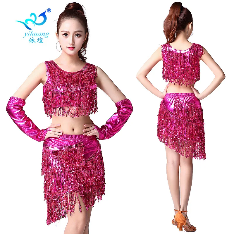 1เซ็ต/ล็อต Creaative สไตล์ Sequin ละตินเต้นรำชุดหญิงโมเดิร์นชุดเต้นรำ