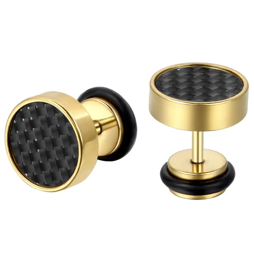 8mm Mens Black/Gold/Silver Color Stud Earrings Stainless Steel Illusion Tunnel Plug with Carbon Fiber Jewerly aretes de mujer