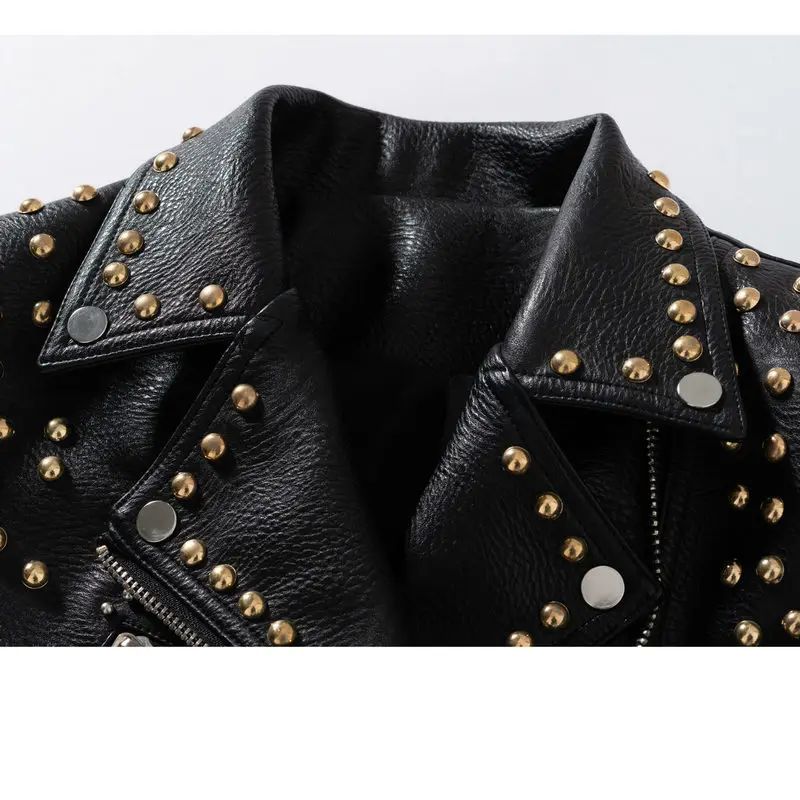 Blouson en cuir PU femme style punk, vêtement de printemps et d'automne, avec impression lomatéritive de documents frappés, avec rivets, Y1101