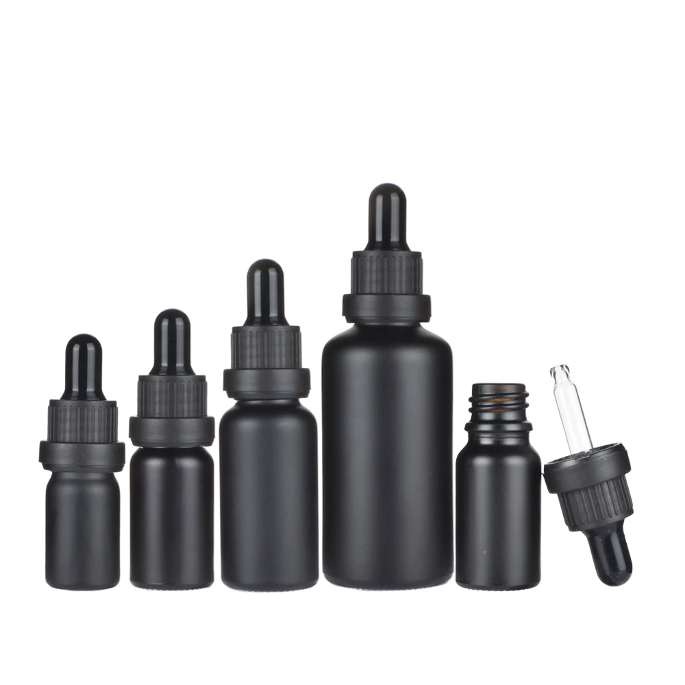 6 pçs/lote 5ml 10ml 15ml 20ml 30 50ml 100ml preto fosco garrafa de vidro com conta-gotas garrafa de óleo essencial perfume