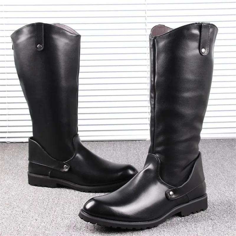 New Arrival Black Long Knee Boots Men Round Toe Buckle High Top Casual PU leather Shoes Man Motorcycle Boots Size 38-44