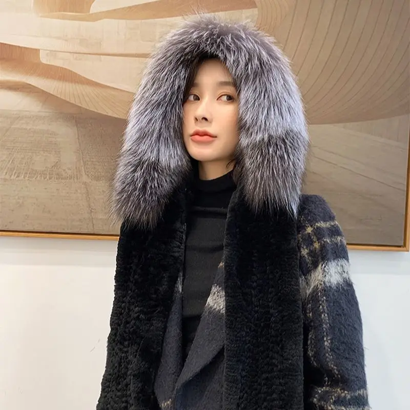 

Winter Warm Knitted Hooded Scarf for Women, 100% Genuine Rex Rabbit Fur, Silver Fox Fur, Volume Hat, Luxury, New, 2024