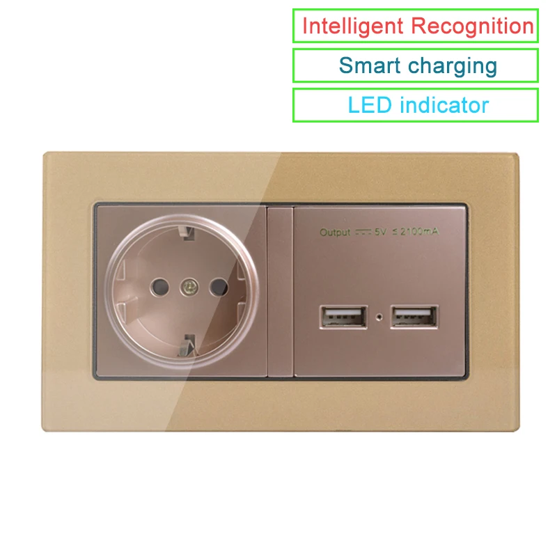 

German Standard Socket EU Standard Power Outlet With Dual USB Smart Induction Charge Port For Mobile 2.1A Crystal Glass Panel