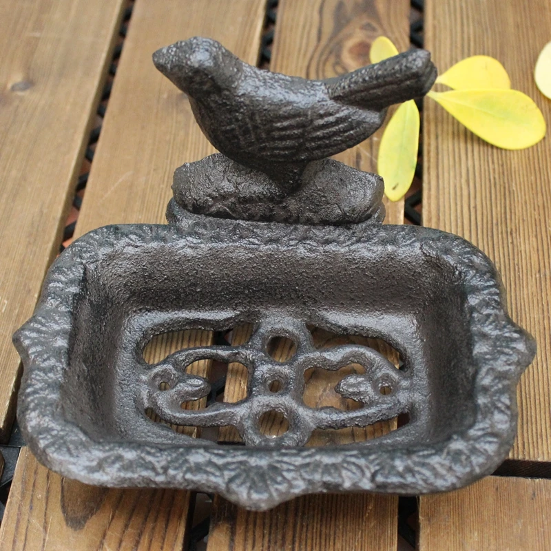 Vintage Black Cast Iron Bird Soap Dish With Three Standing Feet Country Accent Rough Handmade Tabletop Mini Metal Storage Holder