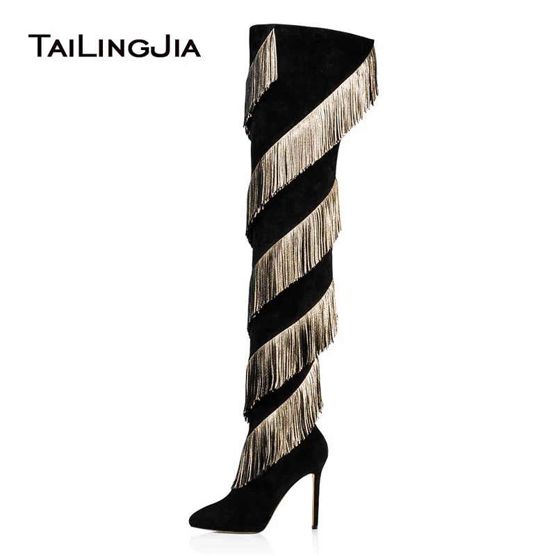 Fringe Thigh High Boots Black 2024 Winter Shoes Woman Over Knee Long Boots Tassel Women High Heel Ladies Pointed Boot Fashion