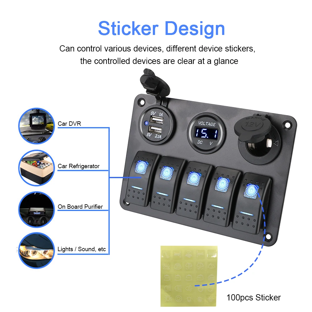 S tavná pojistka USB chargers nástrčkový 12V 24V auto lehký sponka 5 knoflíků LED kolébkový spínač panel loď digitální elektrické napětí krunýř příslušenství