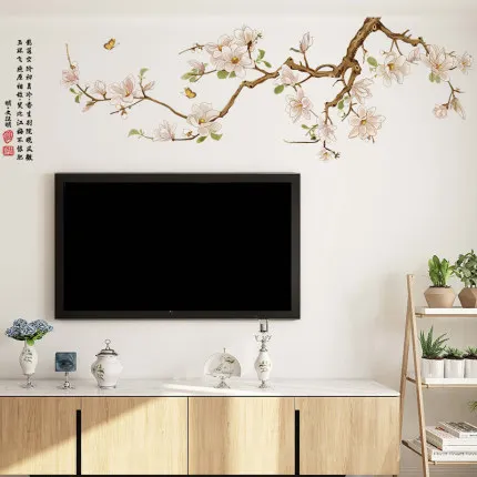 

Chinese Style TV Background Wall Stickers Self Adhesive Living Room Sofa Wall Decal Magnolia Nordic Poster Bedroom Decor Mural