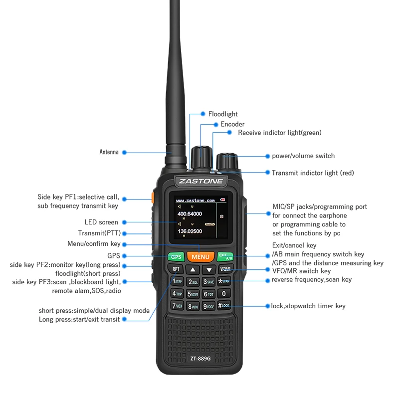 Zastone 889G GPS Walkie Talkie 10W 999CH 3000mAh UHF 400-520 / VHF136-174MHz Ham CB Radio HF Transceiver for Explore Hunting