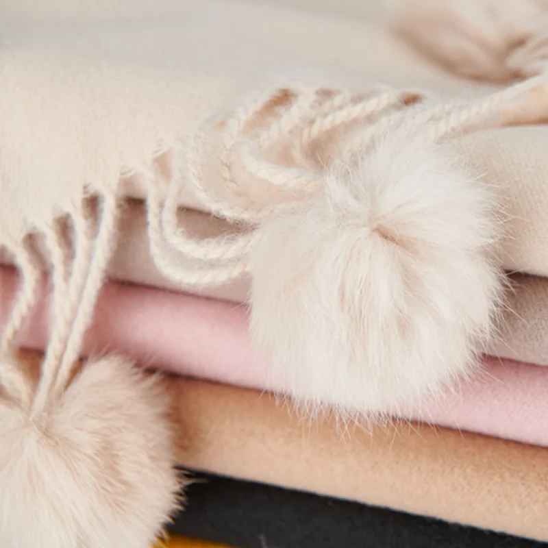 Winter Warm Cashmere Pom Scarf Solid Women Scarf With Rabbit Fur Ball Pashmina Thick Scarves Shawls Wrap Lady Oversize Blanket