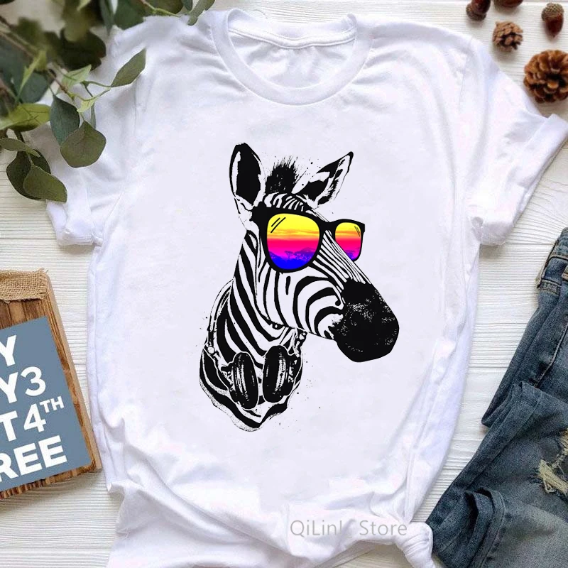 

Cool Zebra Animal Print Funny Tshirt Women Summer White Casual Tee Shirt Femme Lady Hip Hop T Shirt Camisetas Mujer Tops Tees