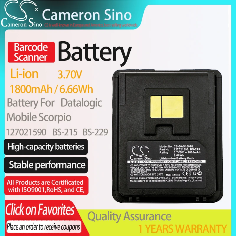 CameronSino Battery for Datalogic Mobile Scorpio fits Datalogic 127021590 BS-215 BS-229 Barcode Scanner battery 1800mAh/6.66Wh