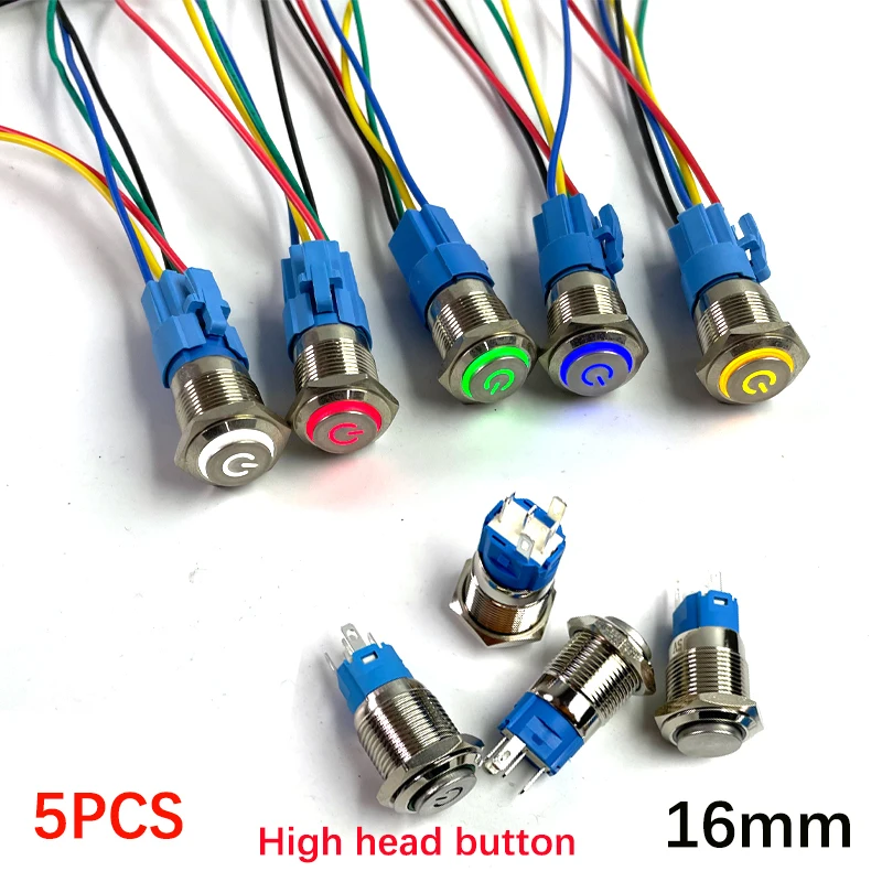 

16mm High Head Led Metal Button with Light Waterproof Automatic Reset Self Locking Power Symbol Switch 5PCS With socket 12V 5V