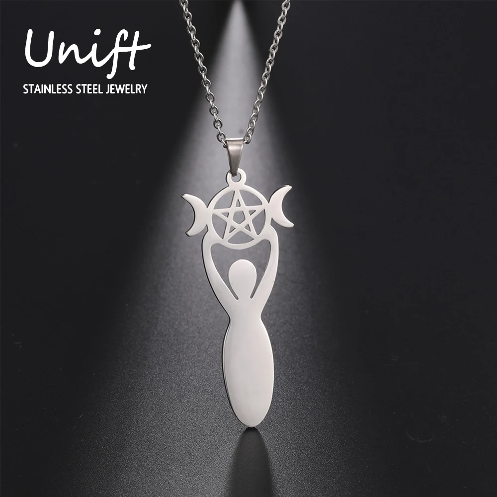 Unift Triple Moon Goddess Pendant Necklace for Women Wicca Pentagram Magic Supernatural Amulet Necklace Stainless Steel Jewelry