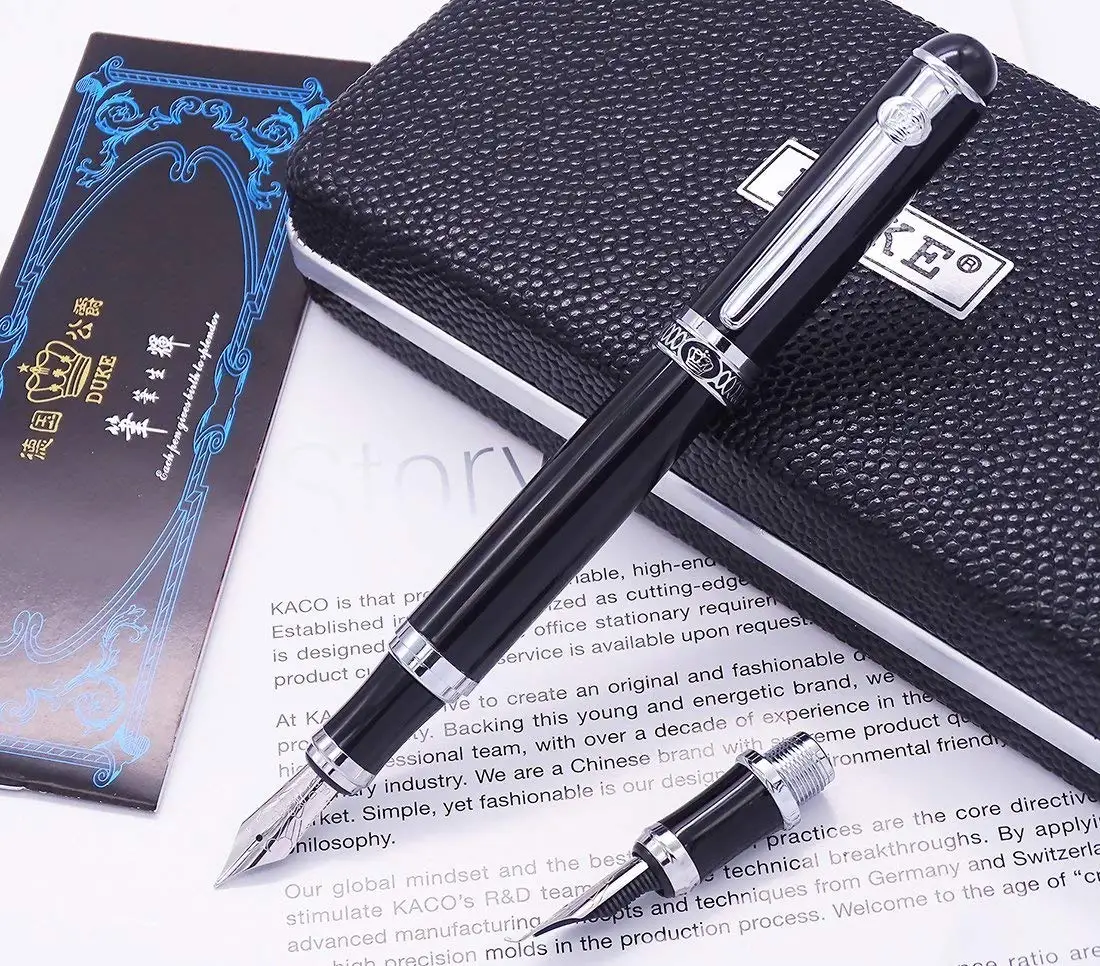 

Duke D2 Metal Black Fountain Pen Medium Nib with 1pc Calligraphy Fude/Bent Nib Interchangeable Writing Set for Painting Practice