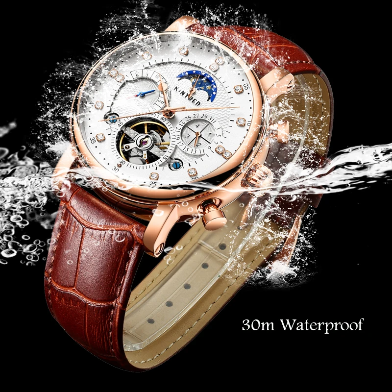 KINYUED Luxury Brand Men Skeleton Automatic Mechanical Watch Moon Phase Multifunction Week Calendar Wrist Watch for Men reloj