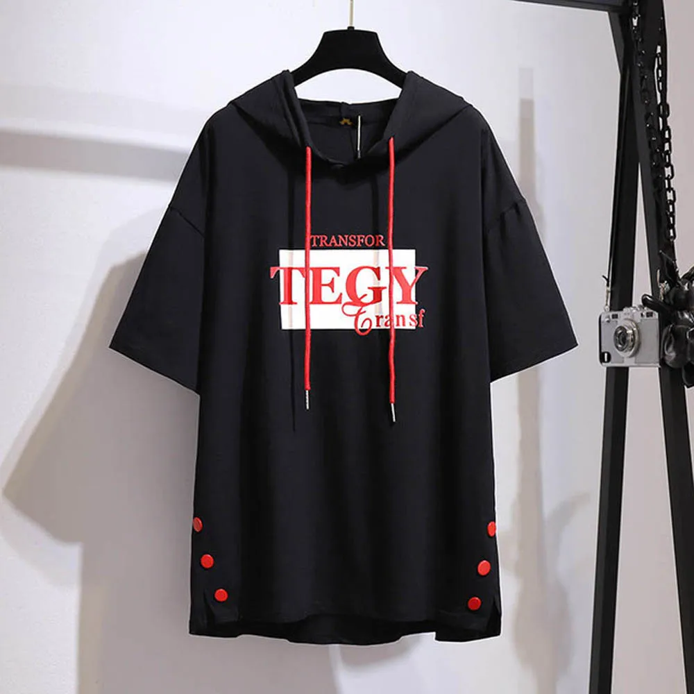 150Kg Plus Size Women\'s Summer Loose Hooded Short Sleeve T-Shirt Bust 157cm 6XL 7XL 8XL 9XL 10XL Button Letter Top Black Pink