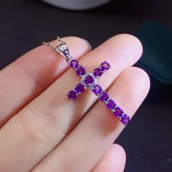 Classic Silver Cross Pendant for Daily Wear 3mm VVS Grade Natural Amethyst Necklace Pendant Solid 925 Silver Amethyst Jewelry