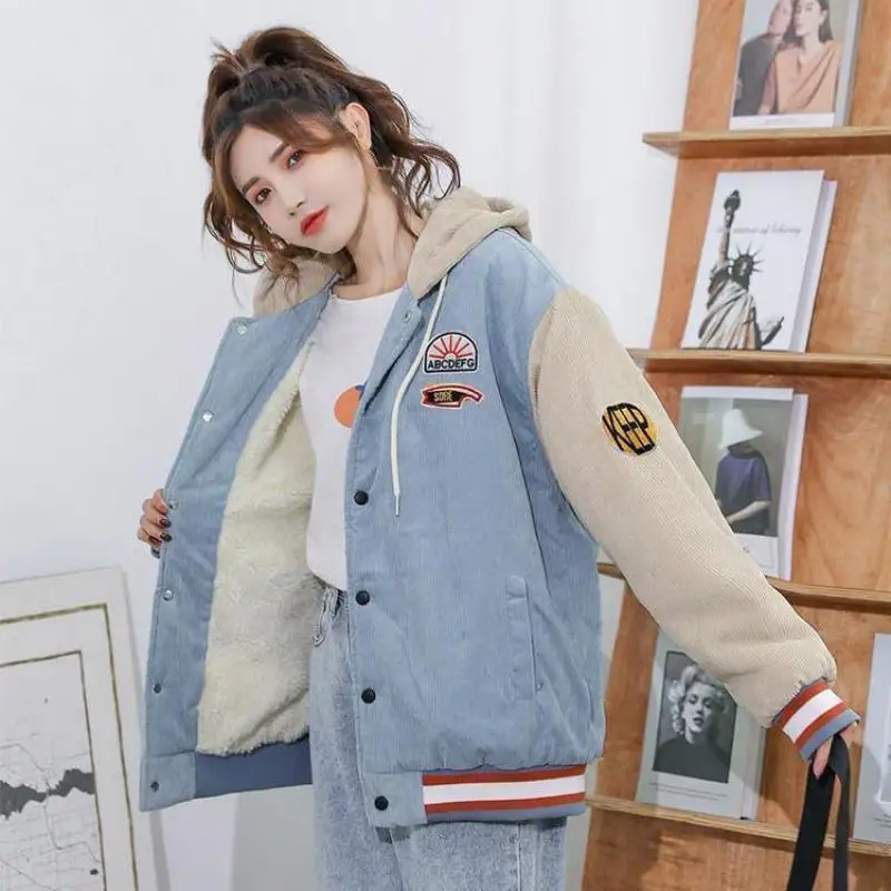 Winter Fashion Blue Plus Velvet College Style Women\'s Hoodie Casual Corduroy Stitching Harajuku Letter Coat Cardigan Sweatshirt