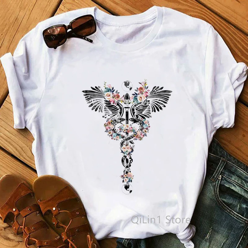 

Flowers Caduceus Print Women's Vintage T Shirt Femme Summer Top Female White Short Sleeve Casual Roupas Tumblr Camisas Mujer Tee