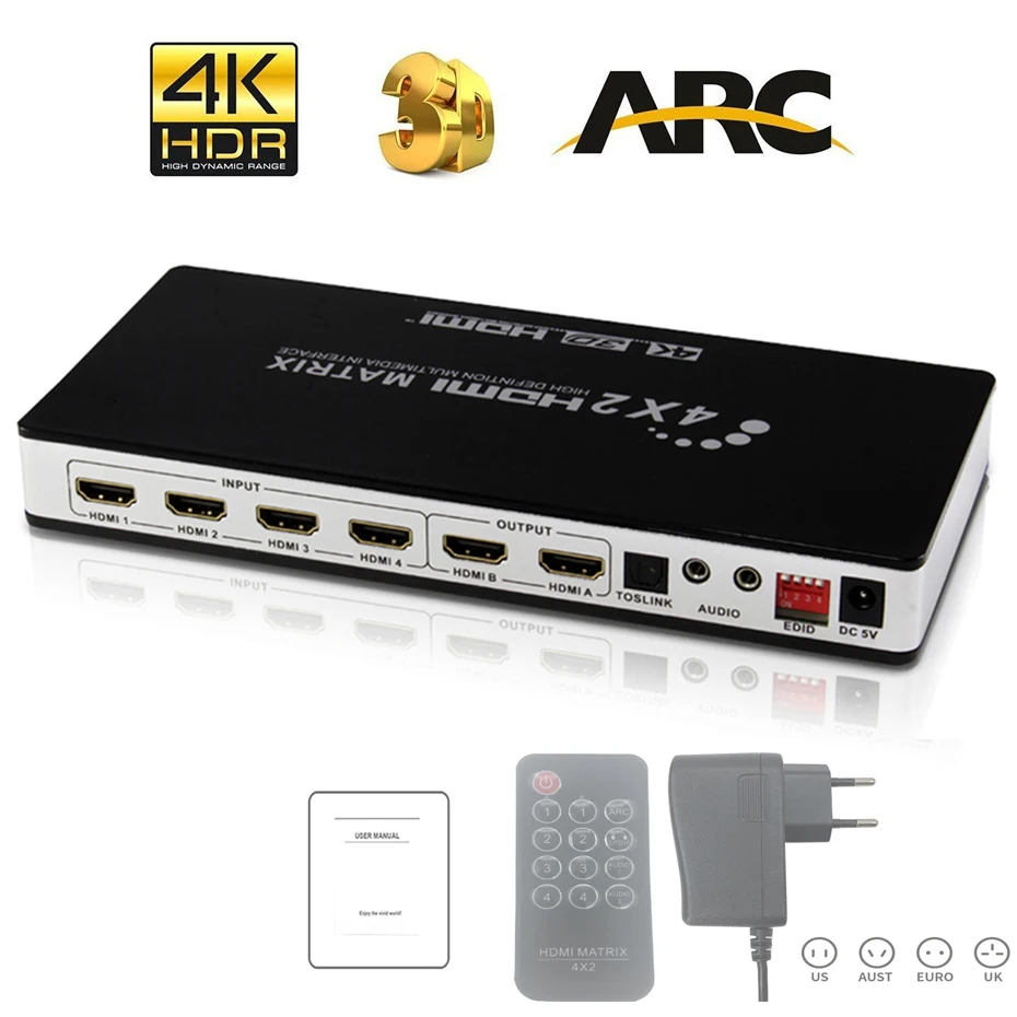 HDMI Matrix 4X2 Switch Splitter with toslink&stereo audio 4kX2K/30HZ Supported