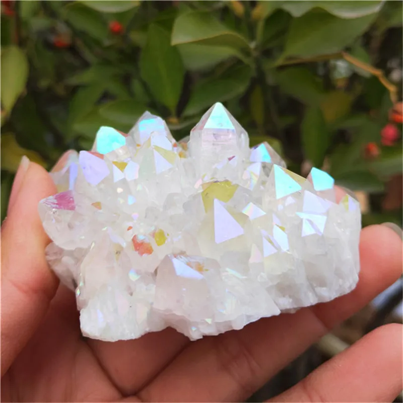 Natural White Crystal Cluster Electroplated Angel Aura Quartz Energy Stone Colorful Point Mineral Reiki Healing Home Decoration