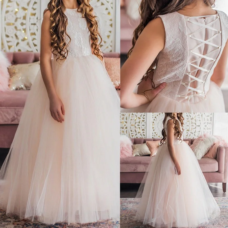 Robe à fleurs pour filles, tenue de mariage froncée, en dentelle et Tulle, sans manches, avec des appliques, pour fête d'anniversaire