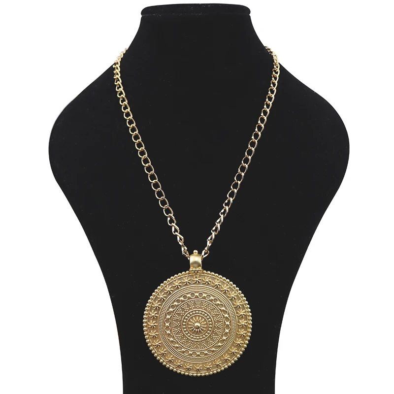 Genuine Gold Color Large Boho Round Medallion Pendant Long Chain Necklace Lagenlook for Jewellery Women Men Gift