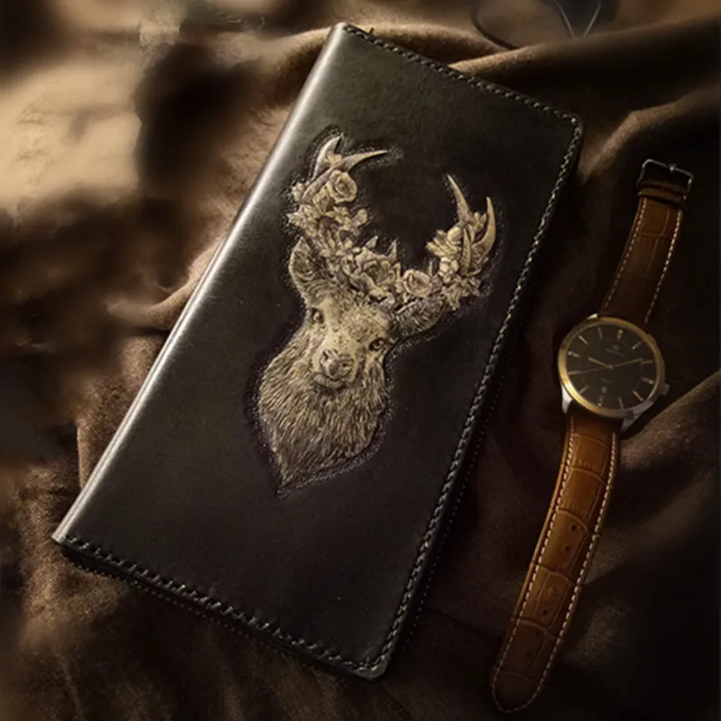 High-end Handmade Wallets Carving David's Deer Purses Men Long Clutch Vegetable Tanned Leather Wallet Card Holder