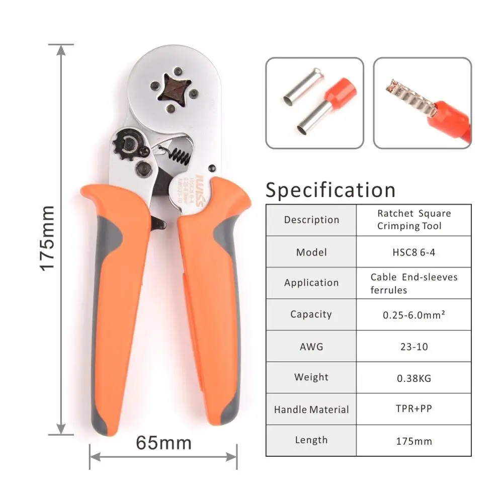 IWISS HSC8 6-4 Crimping Tool Kit Self-Adjustable Ratchet Ferrule Crimper Plier Set 1200 Pcs Wire Terminal Connectors Sleeves