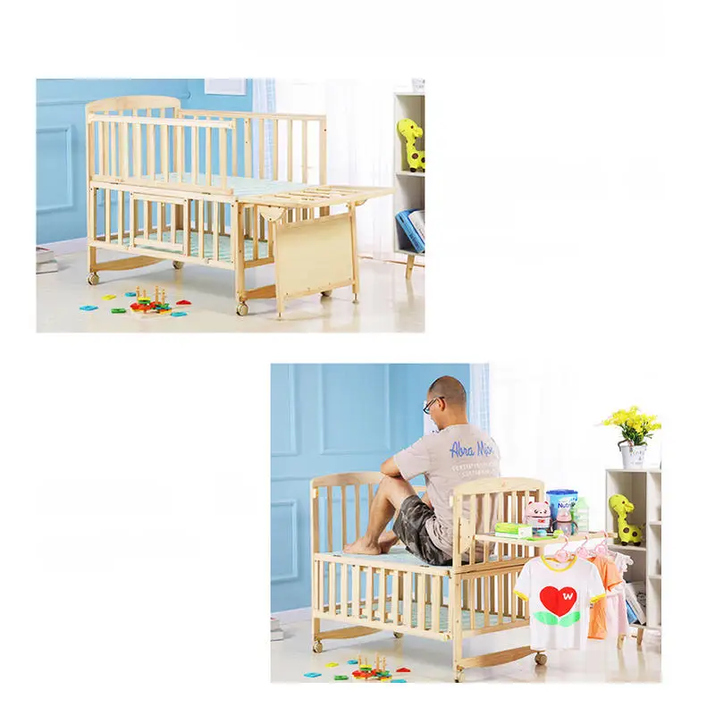 Beedome Pine Baby Crib With Shelf, Can Extend To 1.4Meter Kids Bed, Rocking Cradle Have 4 Wheels