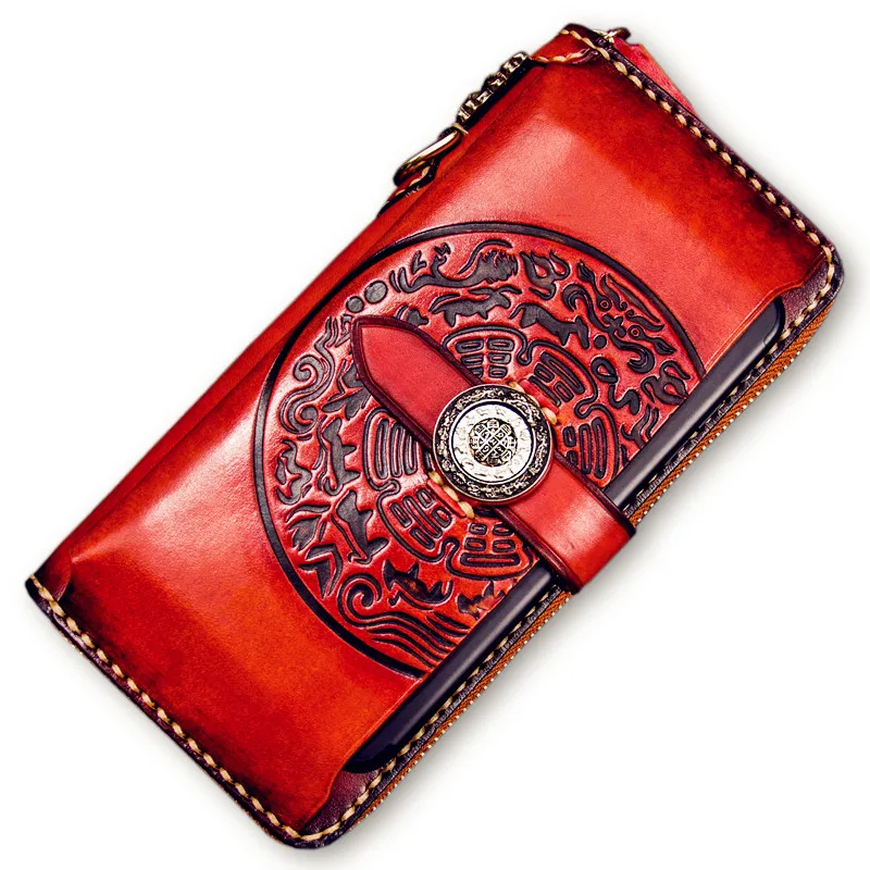 Original Women Men Cow Leather Wallets Embossing Chinese Hasp Bag Purses Long Clutch Wallet Card Holder Cell Phone Pocket