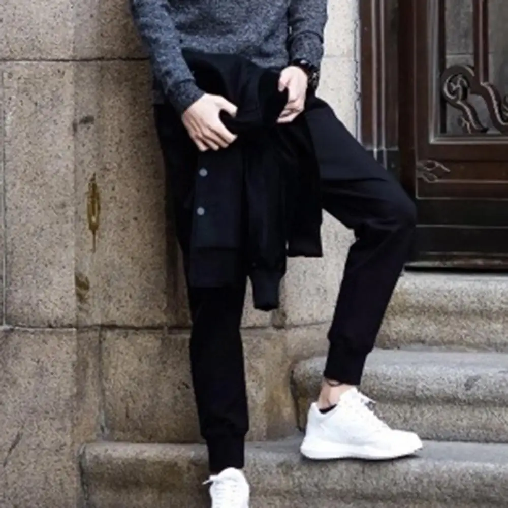 Casual Pencil Pants Men Drawstring Pockets Sports Pants Waist Ankle Tied Fitness Long Pencil Pants