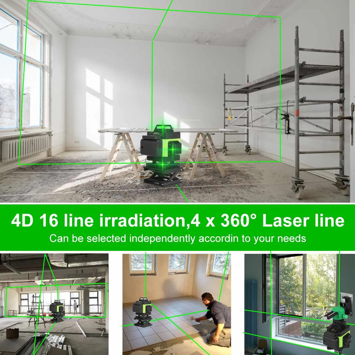 ZEAST 16 Line Laser Level 4D Powerful Green Light Remote Control Horizontal Vertical Self-Leveling System with 2x6000mah Battery