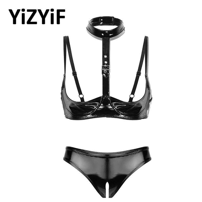 

Women Wet Look Patent Leather Erotic Lingerie Set Sexy Open Cups Bra Top With Open Crotch Briefs Underwear Set Sexy Nightwear