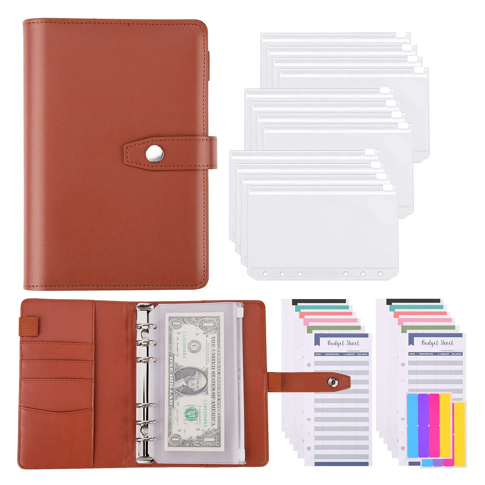 A6 PU Leather Budget Binder Cash Envelopes Organizer with 12 Pcs Binder Pockets ,Budget Sheets ,Sticker Sheets  for Money Saving