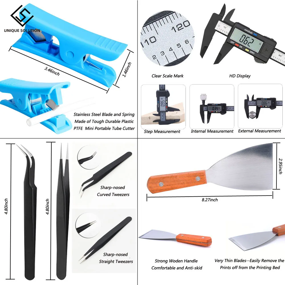 Pièces d'imprimante 3D, kit d'outils de retrait d'impression 3D, outil complet de finition d'impression 3D, utilisation au retouche pour imprimante 3d, modèle d'imprimante en résine PLA