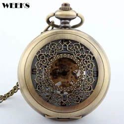 Roman Numeral Mechanical Pocket Watch Vintage Bronze Hollow Case Steampunk Skeleton Luminous Fob Chain Clock for Men Women Gift