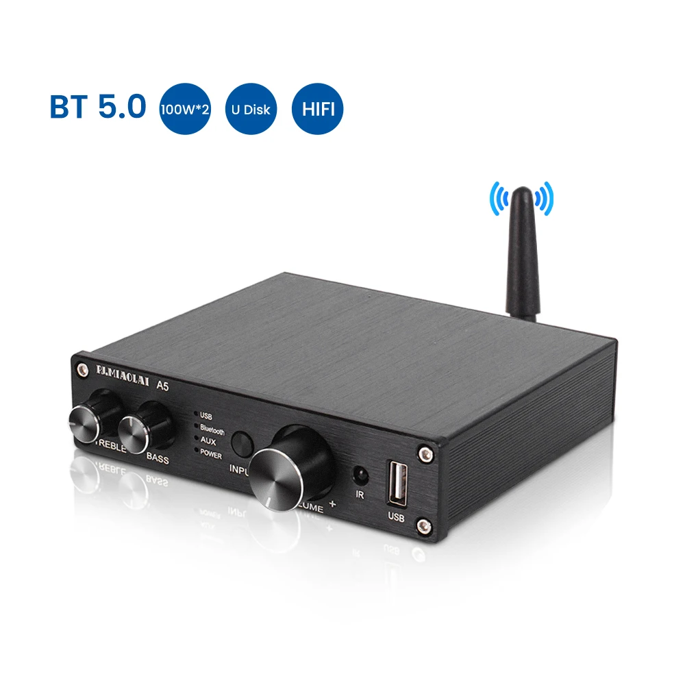 

PJ.MIAOLAI A5 HIFI TPA3116 Mini High Power Amplifier BT 5.0 Fever Home Power Amplifier USB AUX Adjustable Treble And Bass 100W×2