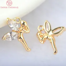 (1375)6PCS 11x13.5MM 24K Gold Color Brass with Zircon Fairy Charms Pendants High Quality Diy Jewelry Findings Accessories