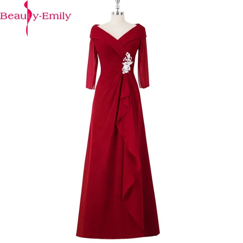 Beauty Emily Red Lace Mother of the Bride Dresses 2019 A Line Full Sleeve V-Neck Zipper Formal Wedding Party Mom Prom Dresses